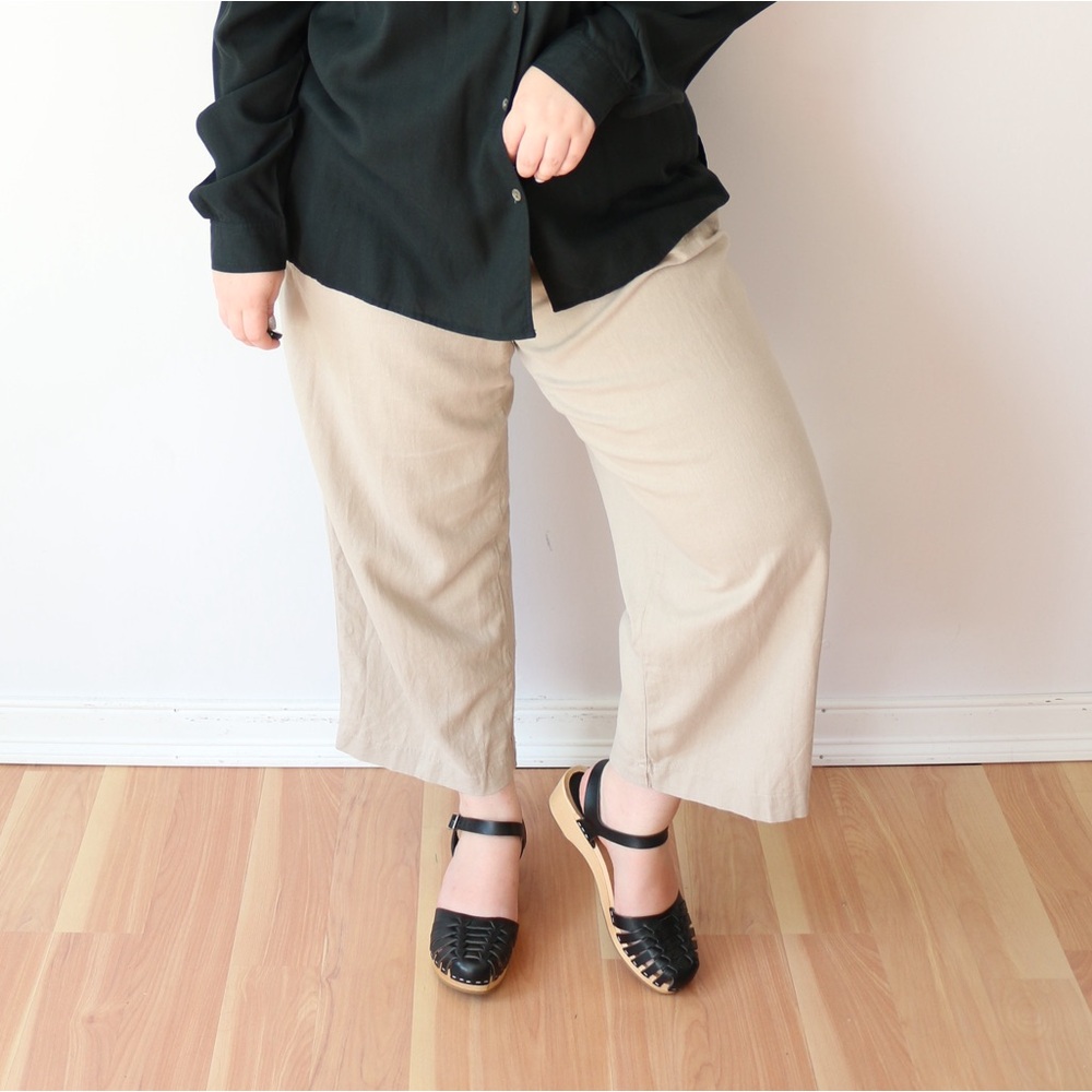 Jules & Leopold Pants Beige Linen Blend Wide Leg Cropped Elastic Back XL‎